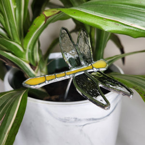 Dragonfly Plant Stake - Sugar & Spice. Yellow-orange dragonfly displayed in a potted plant